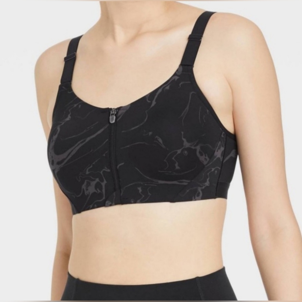 NWT Women's All In Motion High Support Zip-Front Sports Bra, Black Marble, 38D
